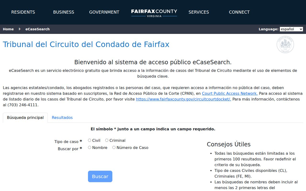 Springfield residents directory Fairfax Circuit eCaseSearch form
