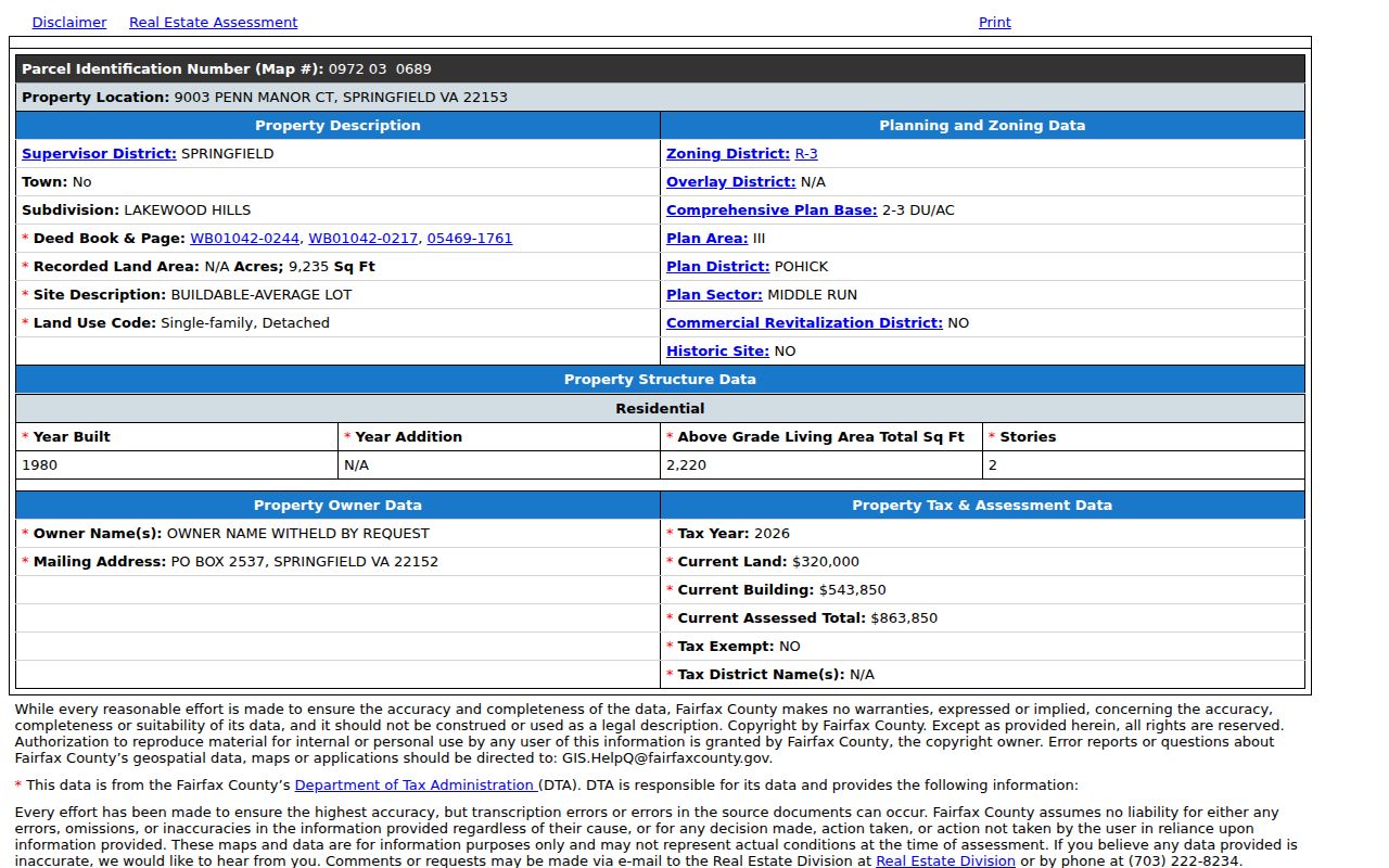 Springfield residents directory Fairfax parcel card example