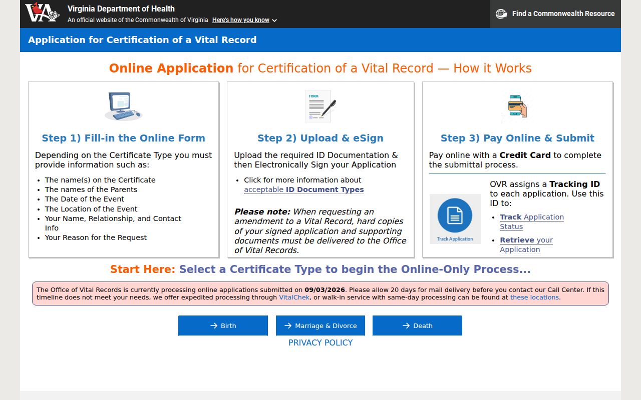 Springfield resident lookup through the Virginia vital-record online request form