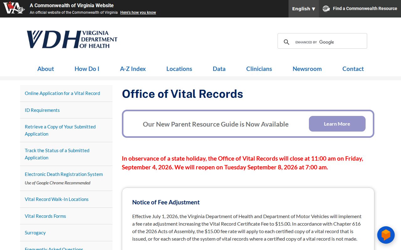Springfield residents directory Virginia vital records application